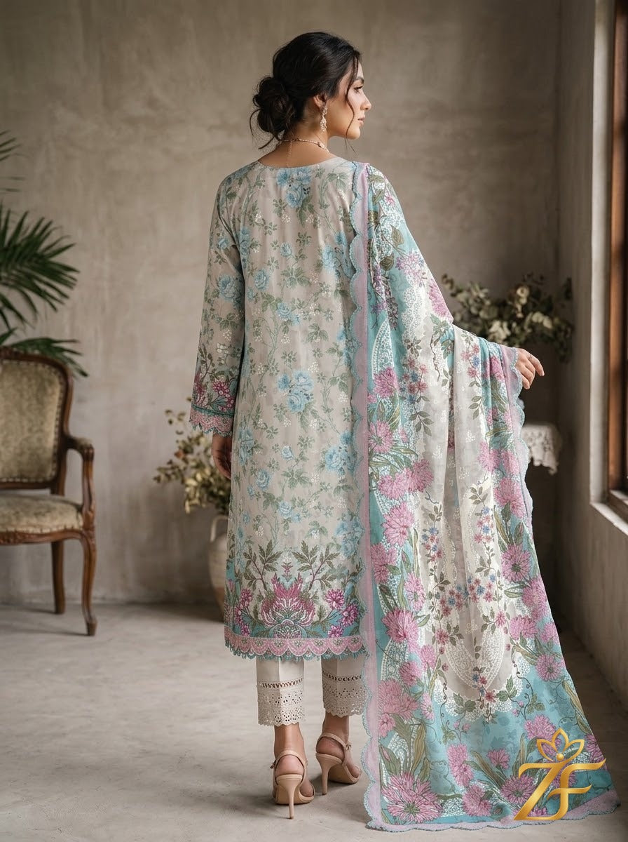 Shabnam - Grey Aqua 3 Piece Printed Suit