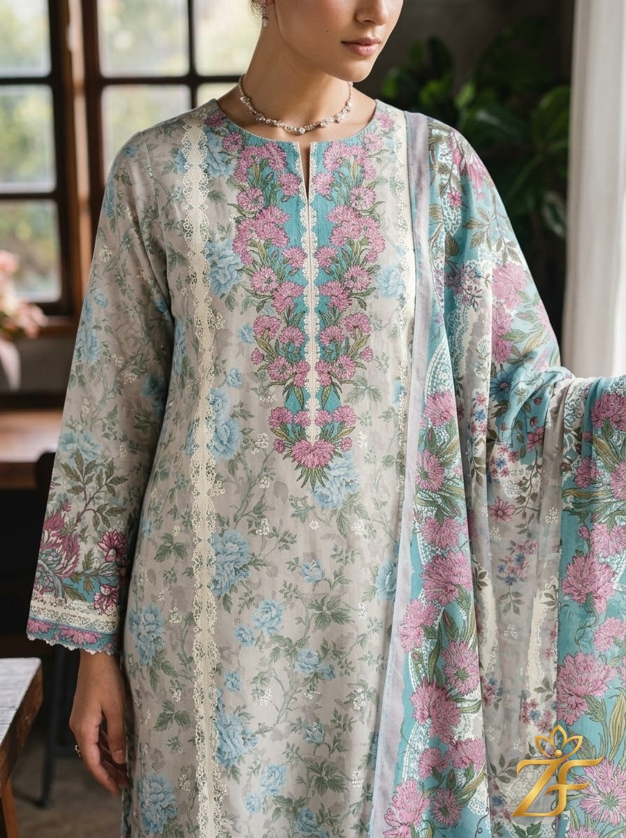 Shabnam - Grey Aqua 3 Piece Printed Suit