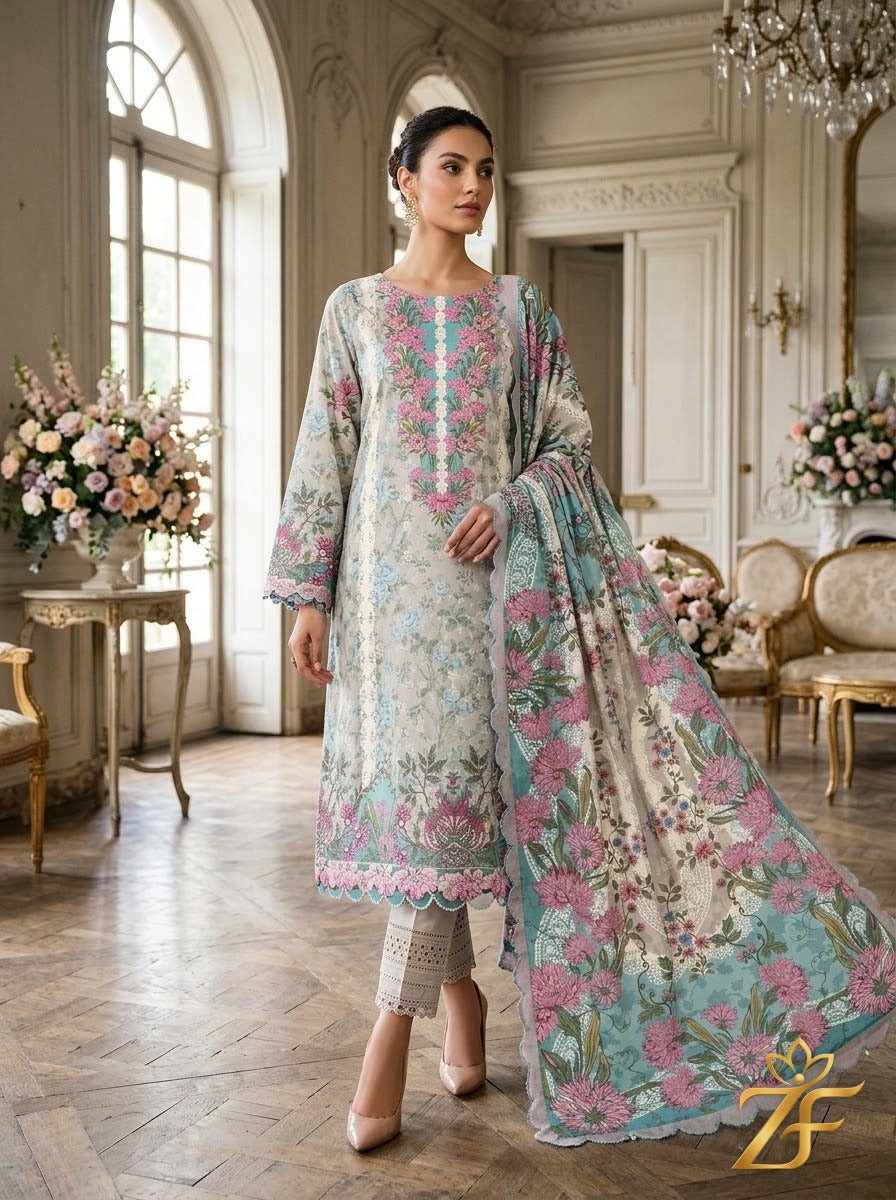 Shabnam - Grey Aqua 3 Piece Printed Suit