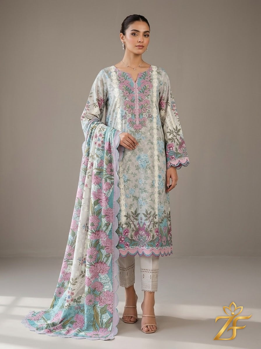 Shabnam - Grey Aqua 3 Piece Printed Suit