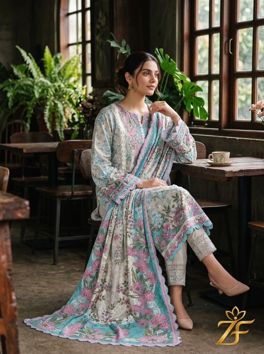 Shabnam - Grey Aqua 3 Piece Printed Suit