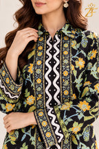 Champa printed suit close-up of collar, wave-stripe front panel and floral print - Zarafshan