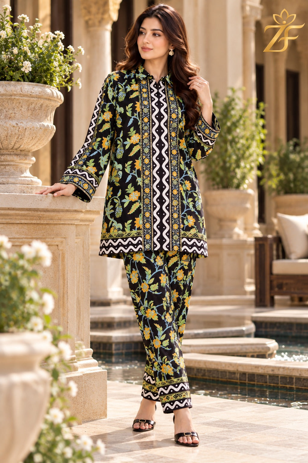 Champa black floral unstitched 2 piece suit lifestyle view - Zarafshan