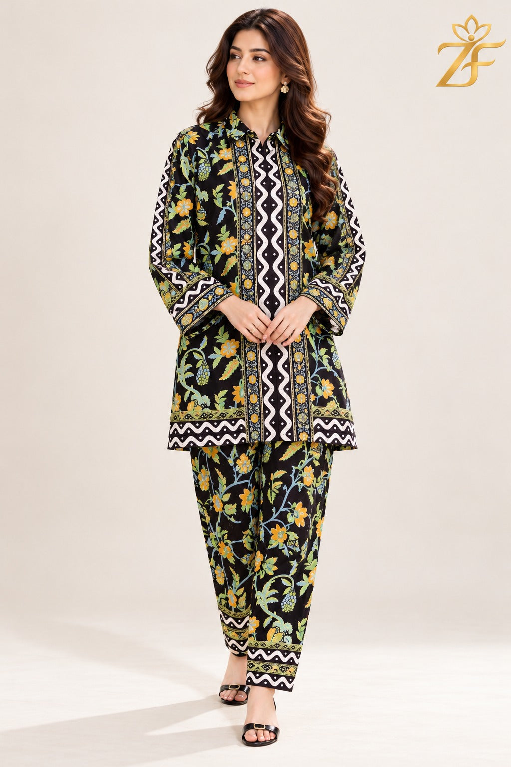 Champa black and mustard floral printed 2 piece suit - front view - Zarafshan