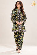 Champa black and mustard floral printed 2 piece suit - front view - Zarafshan