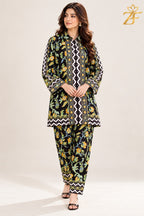 Champa black and mustard floral printed 2 piece suit - front view - Zarafshan