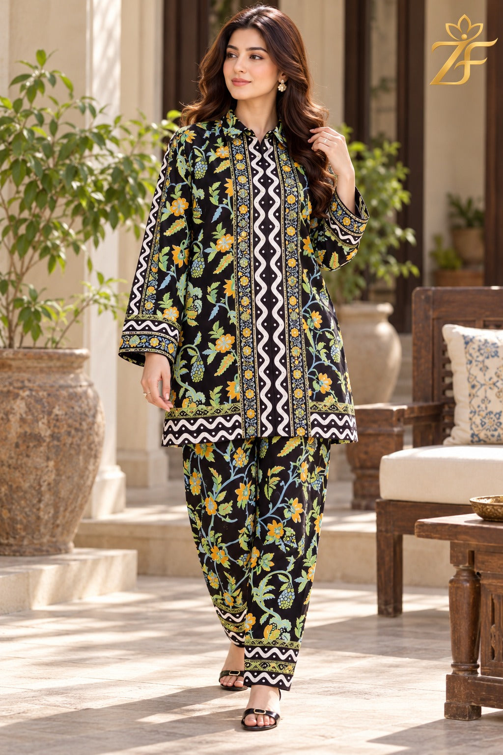 Champa black mustard printed shirt and trouser 2 piece suit worn outdoors - Zarafshan