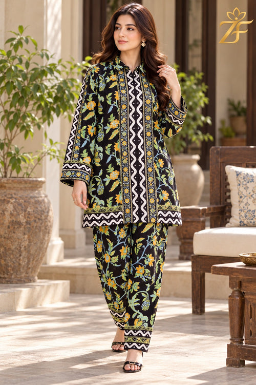 Champa black mustard printed shirt and trouser 2 piece suit worn outdoors - Zarafshan