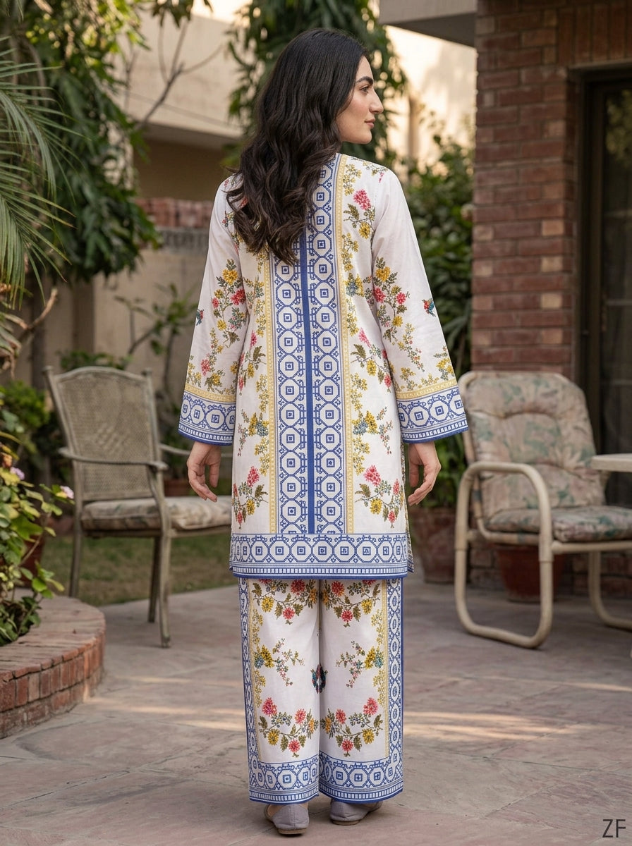 Kashi ivory royal blue printed suit - back view - Zarafshan