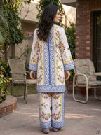 Kashi ivory royal blue printed suit - back view - Zarafshan