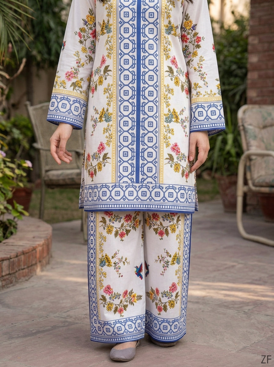 Kashi printed suit close-up of blue tile panel, floral sprays and bird print trouser - Zarafshan