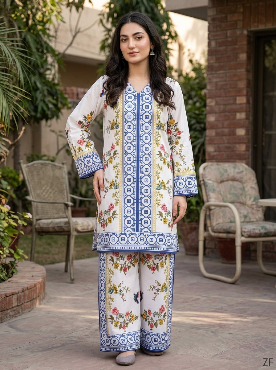 Kashi unstitched printed 2 piece suit with blue geometric front panel - Zarafshan