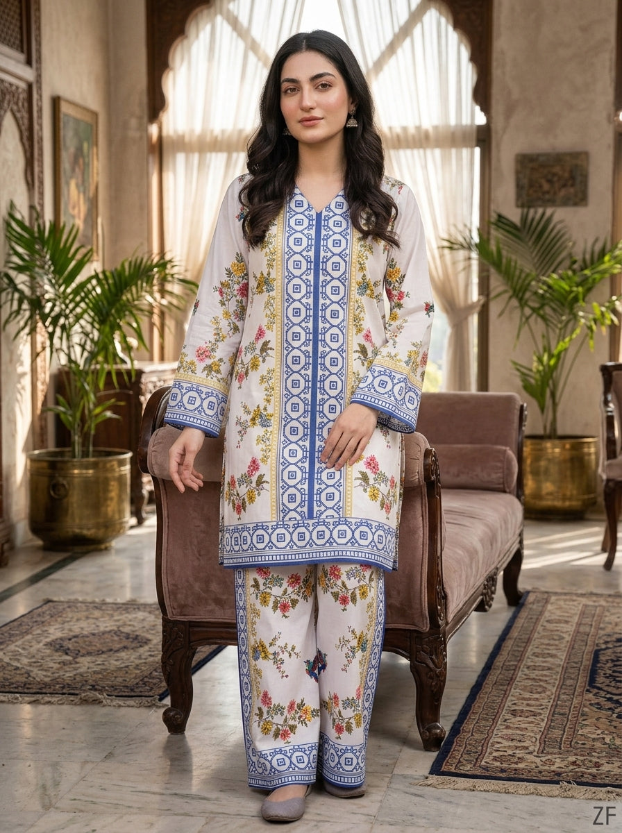 Kashi ivory and royal blue printed 2 piece suit - front view - Zarafshan