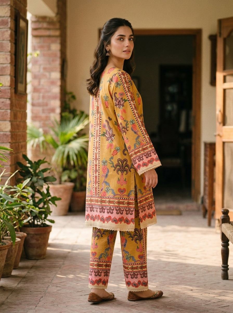 Mela mustard folk print shirt and trouser with lace trim - back view - Zarafshan