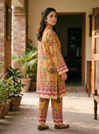 Mela mustard folk print shirt and trouser with lace trim - back view - Zarafshan