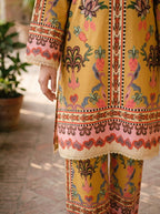 Mela printed suit close-up of lotus, pineapple motifs and pink heart border - Zarafshan