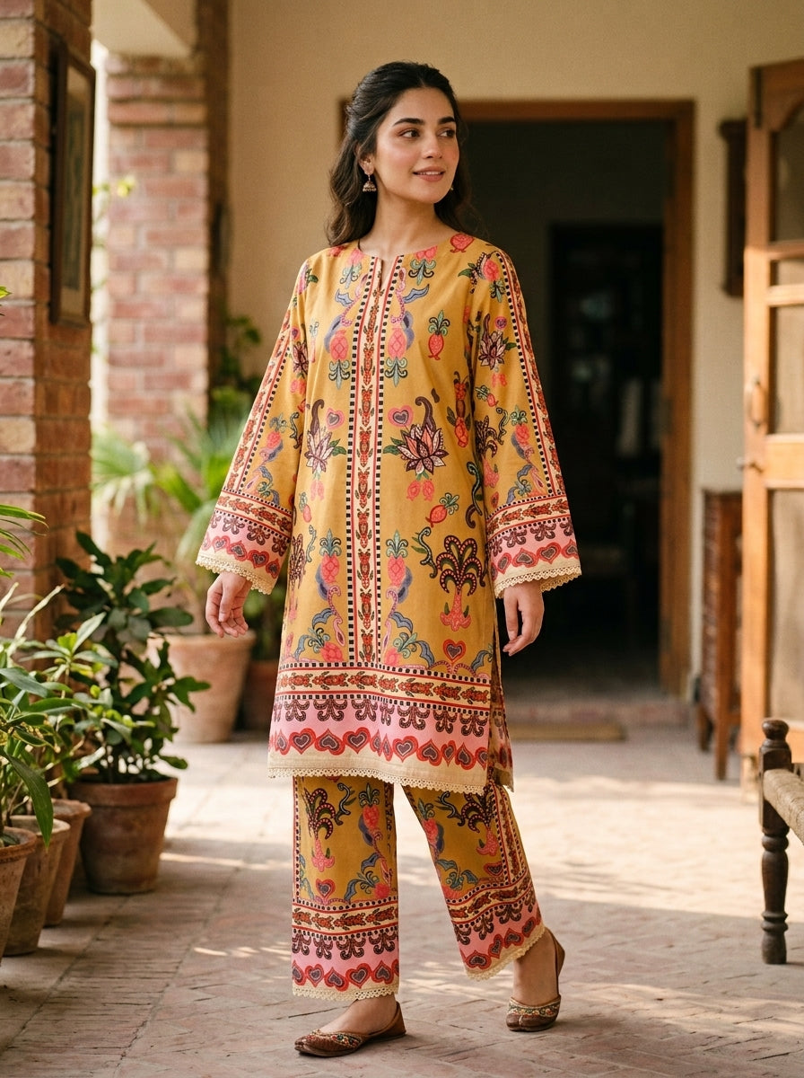 Mela mustard and pink printed 2 piece suit - front view - Zarafshan