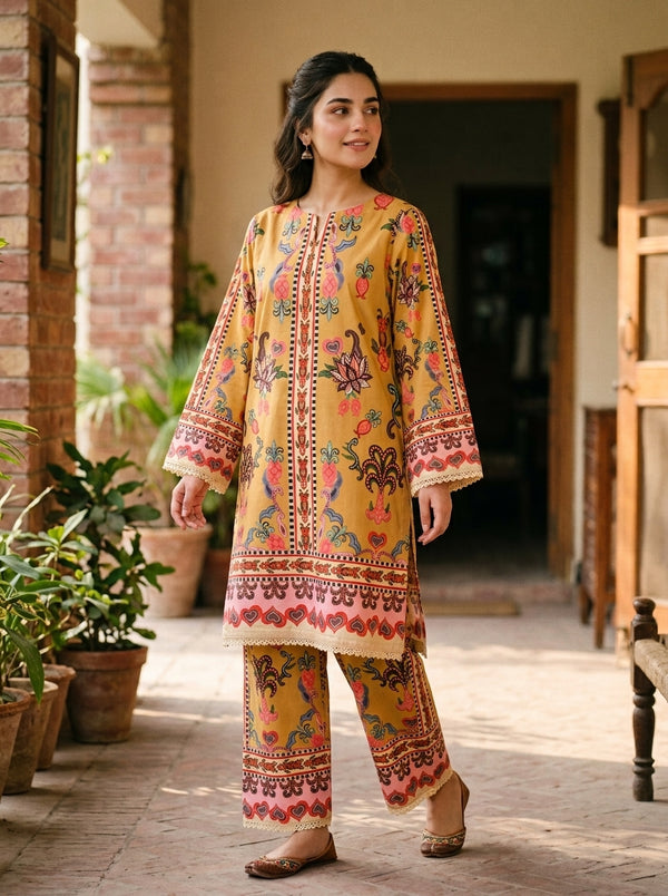 Mela - Mustard Pink 2 Piece Printed Suit
