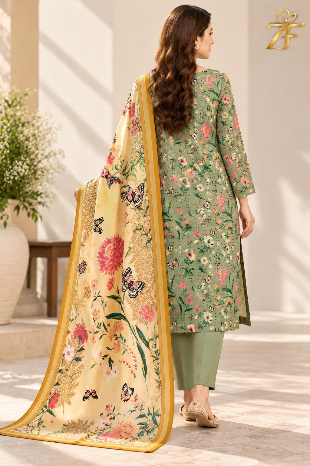 Titli - Sage Green Peach 3 Piece Printed Suit