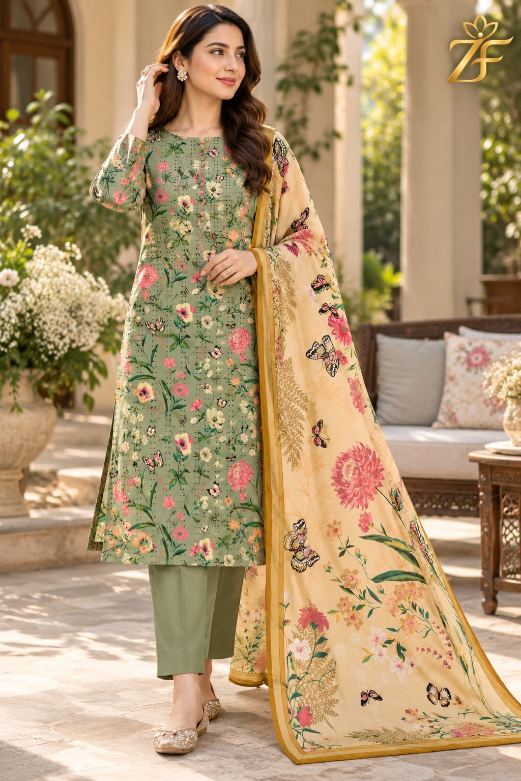 Titli - Sage Green Peach 3 Piece Printed Suit