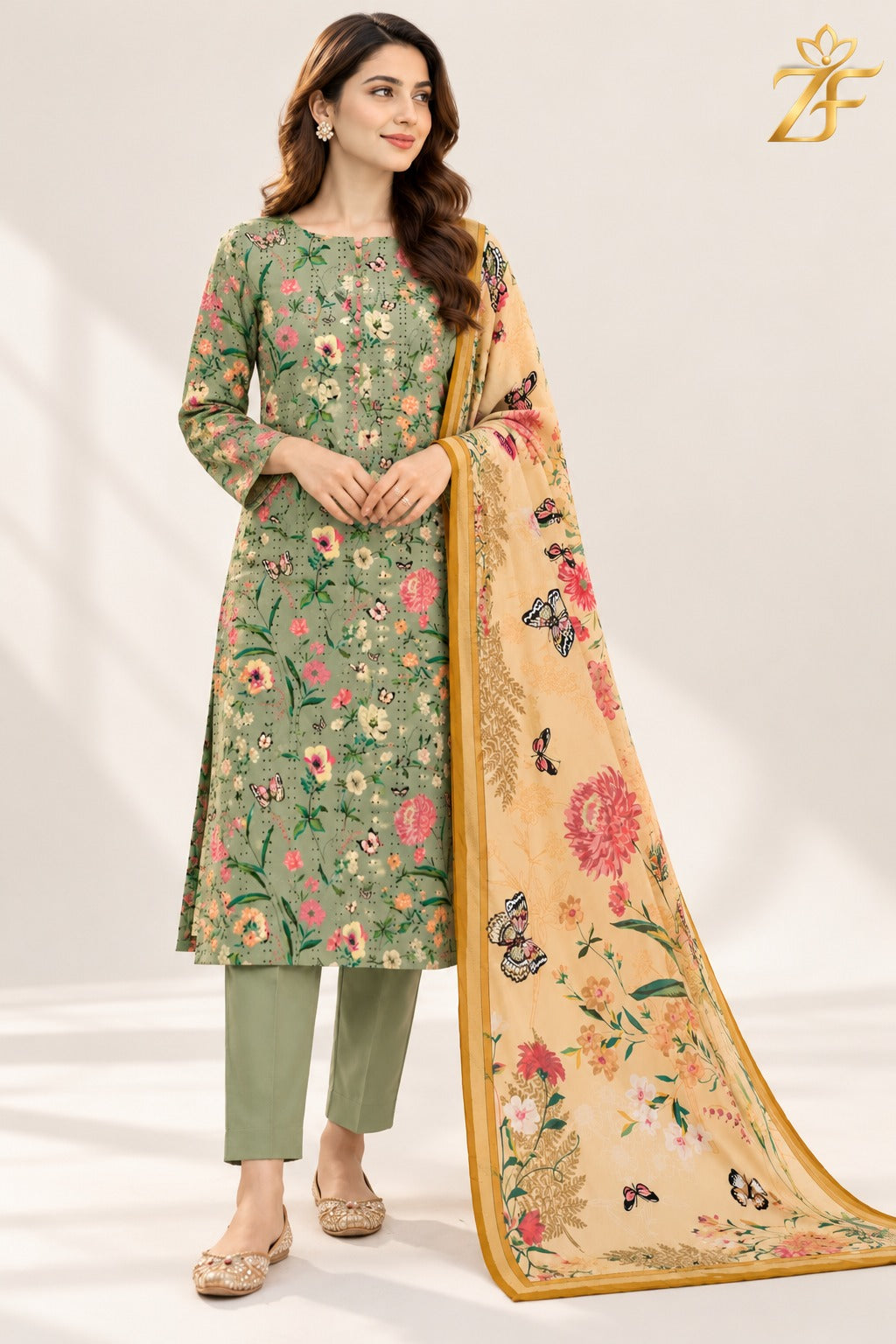 Titli - Sage Green Peach 3 Piece Printed Suit