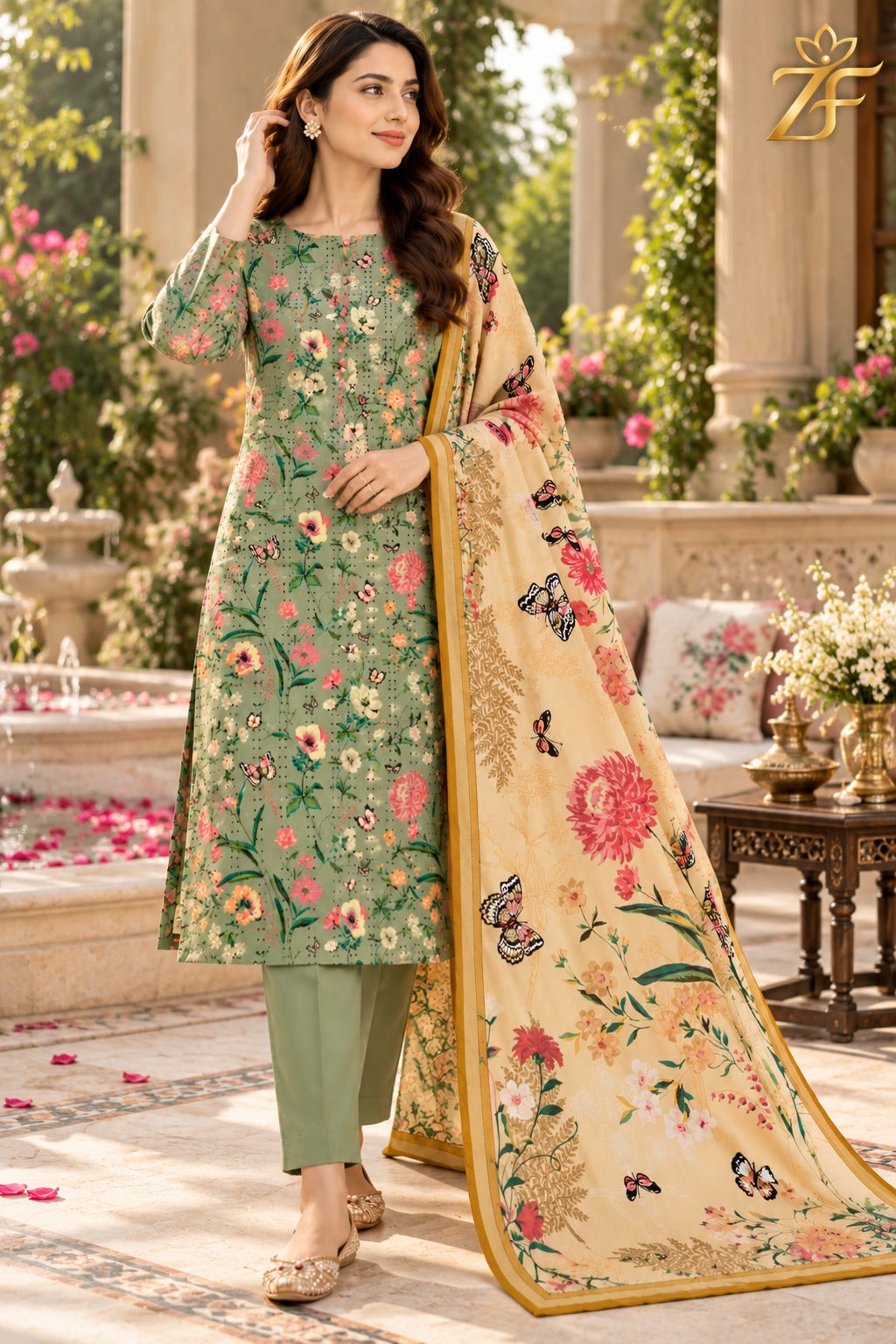 Titli - Sage Green Peach 3 Piece Printed Suit